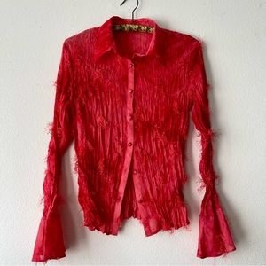 Vintage Y2K Fringe Button Up Sheer Bell Sleeve Blouse
